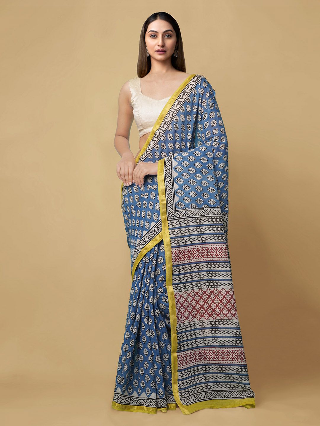 Unnati Silks Blue & Off-White Pure Cotton Printed Bagru Saree