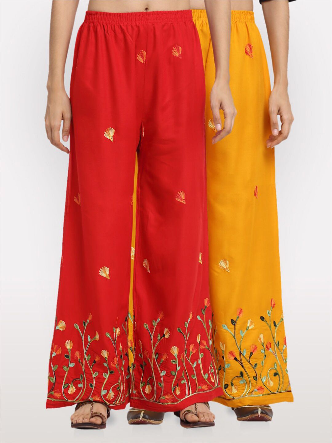 NEUDIS Women Red & Yellow Embroidered Wide Leg Palazzos Price in India