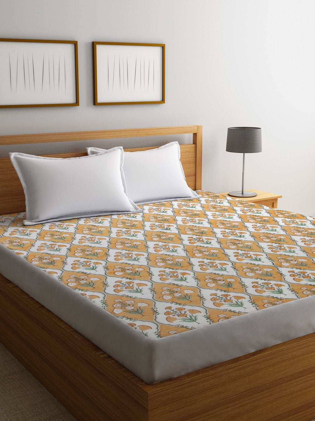 Rajasthan Decor White & Beige Screen Printed Cotton Quilted Double Bed Mattress Protector Price in India