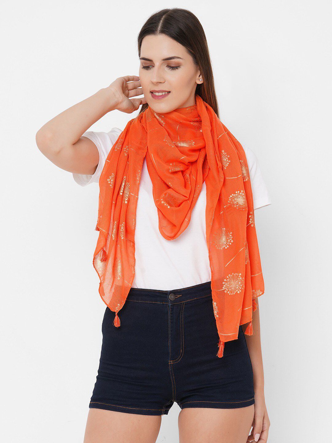 Get Wrapped Women Orange & Gold-Toned Printed Scarf Price in India