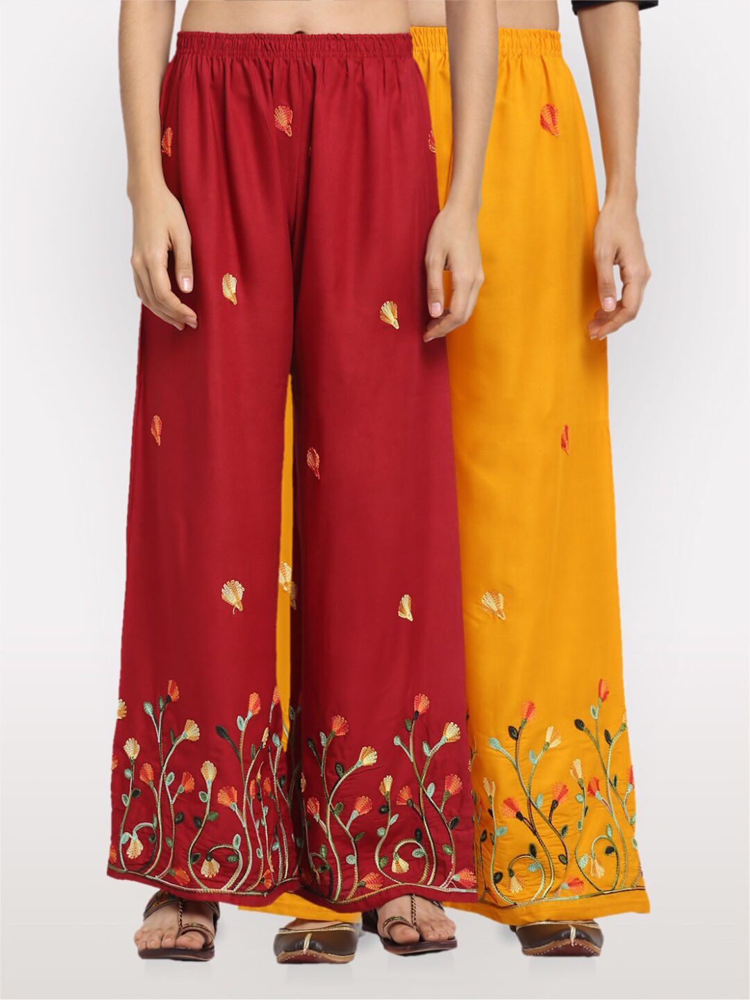 NEUDIS Women Pack Of 2 Maroon & Yellow Embroidered Wide Leg Palazzos Price in India