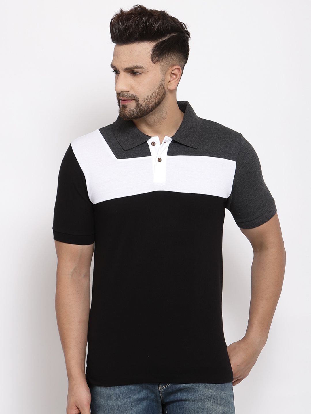 Kalt Men Black & White Colourblocked Polo Collar T-shirt