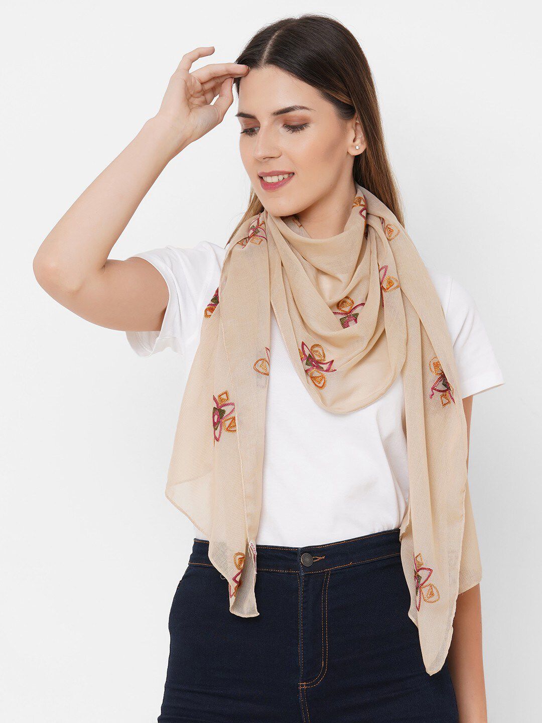 Get Wrapped Women Cream-Coloured & Green Embroidered Scarf Price in India