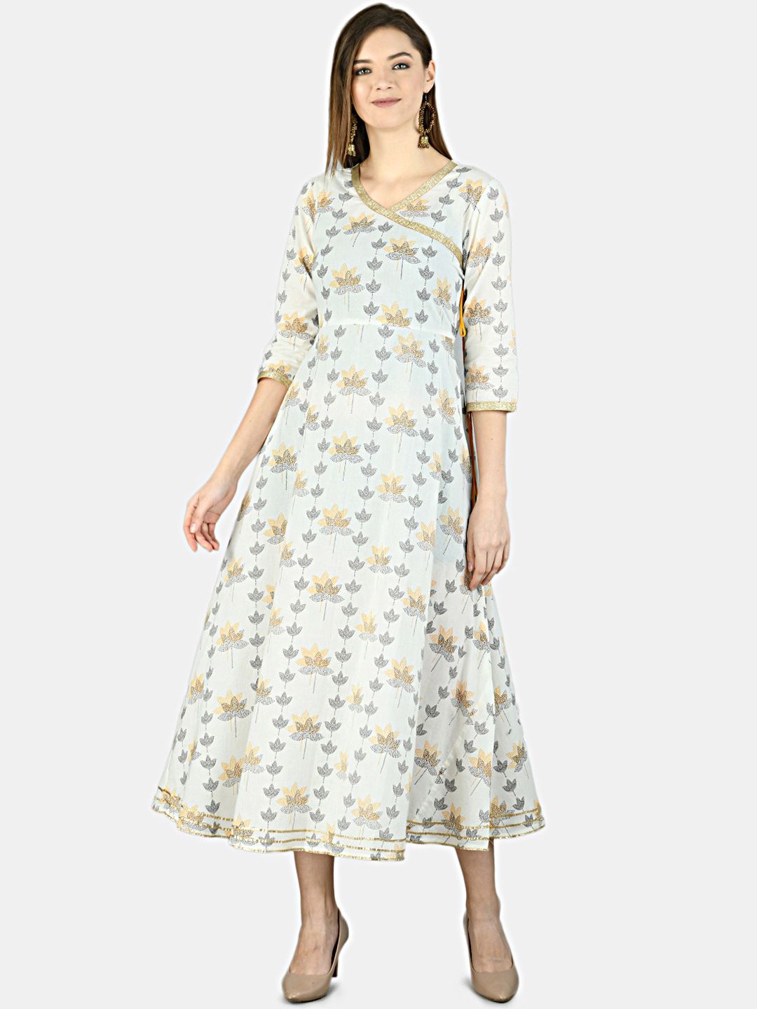 Myshka Women Off-White & Brown Printed Cotton Fit and Flare Dress Price in India