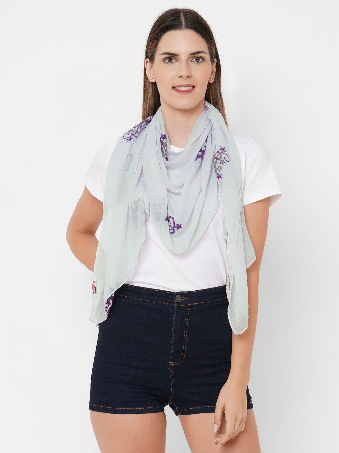 Get Wrapped Women Grey & Purple Embroidered Scarf Price in India