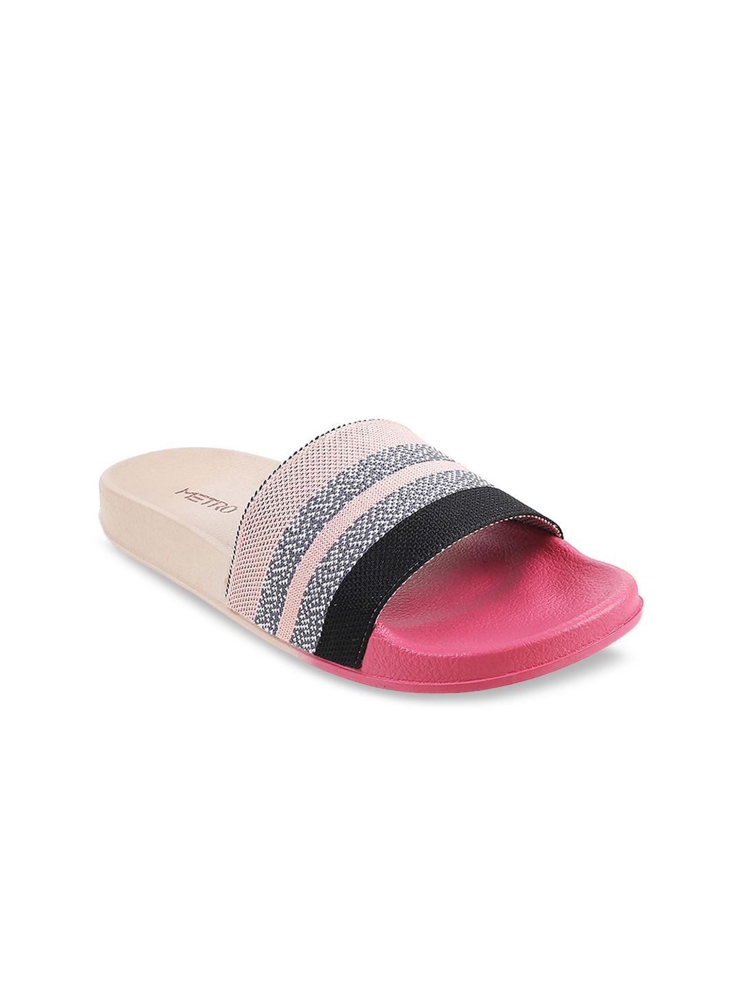 Metro Women Pink & Black Colourblocked Sliders Price in India