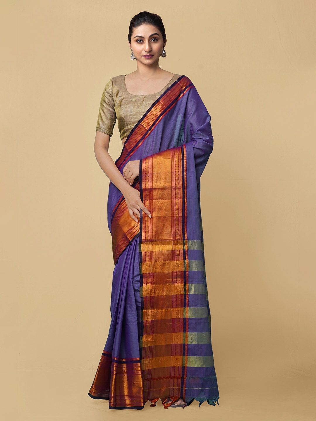 Unnati Silks Violet Silk Cotton Woven Design Handloom Narayan Peth Saree