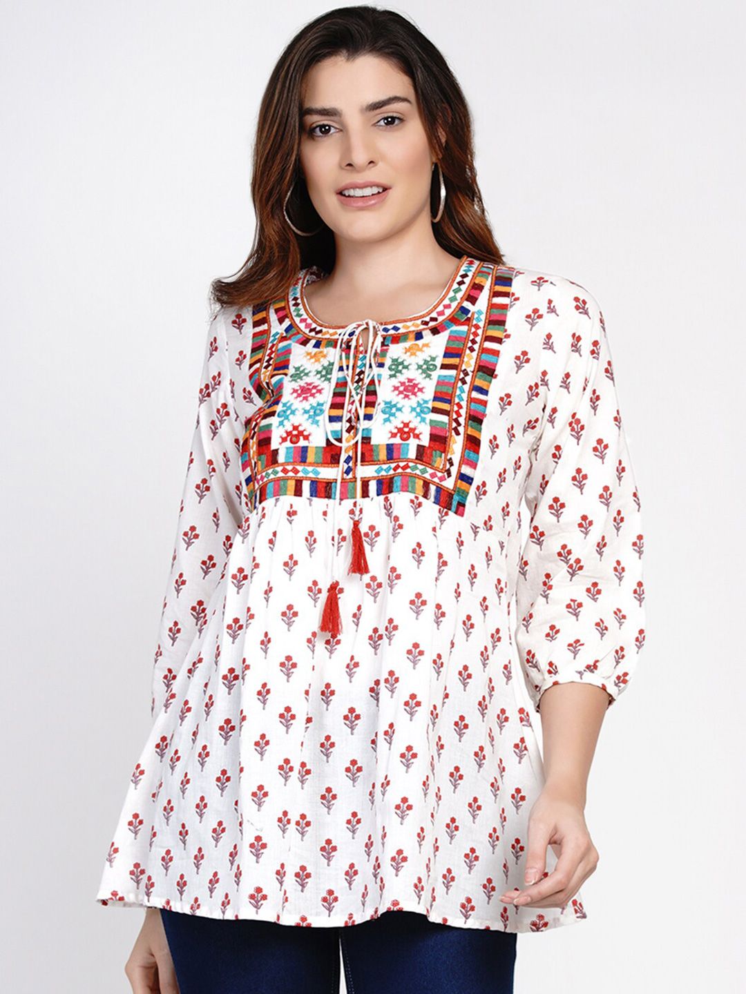 Bhama Couture White Printed Tunic with Embroidered Yoke Price in India