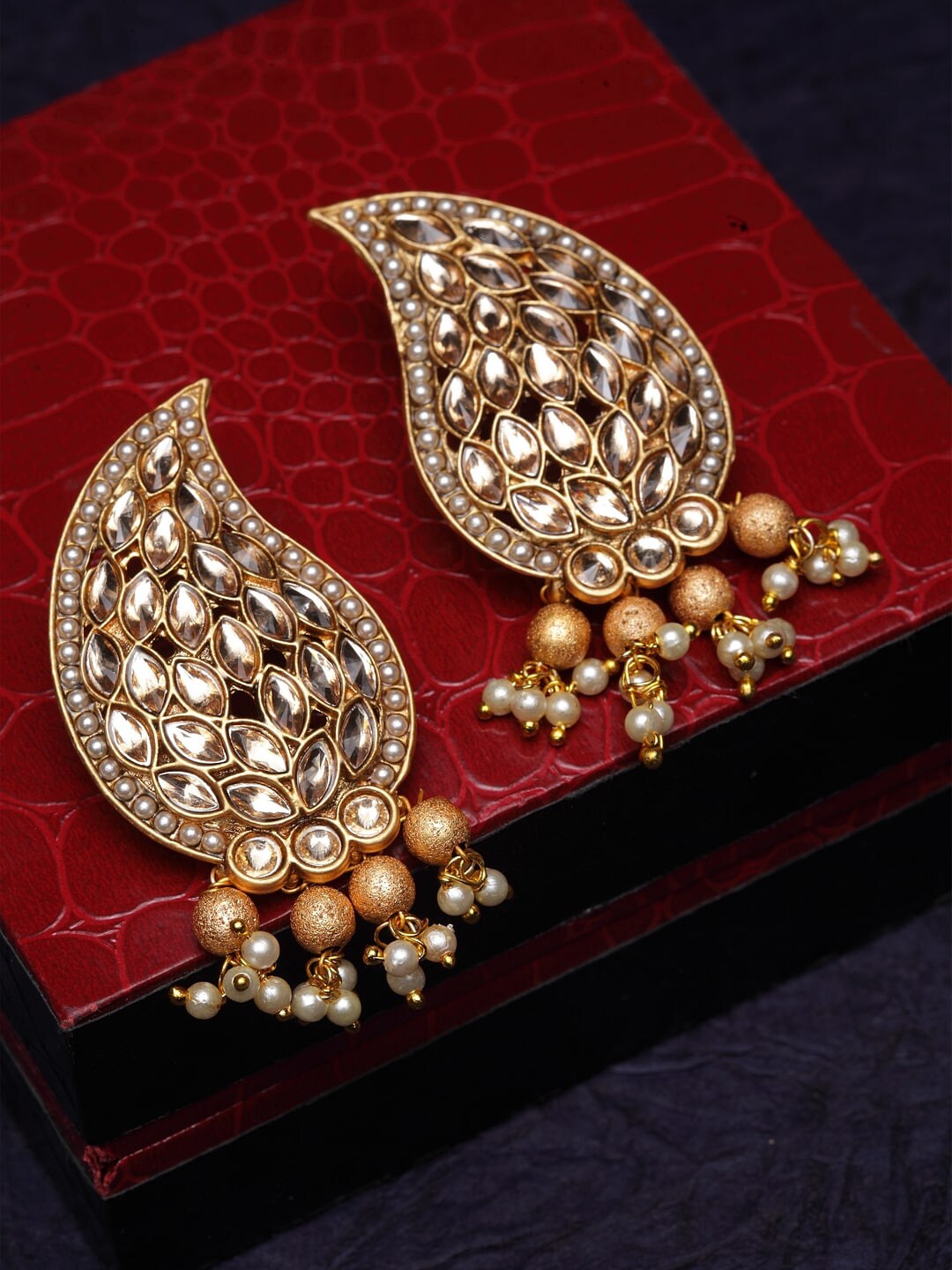 PANASH Gold-Plated & White Paisley Shaped Drop Earrings Price in India
