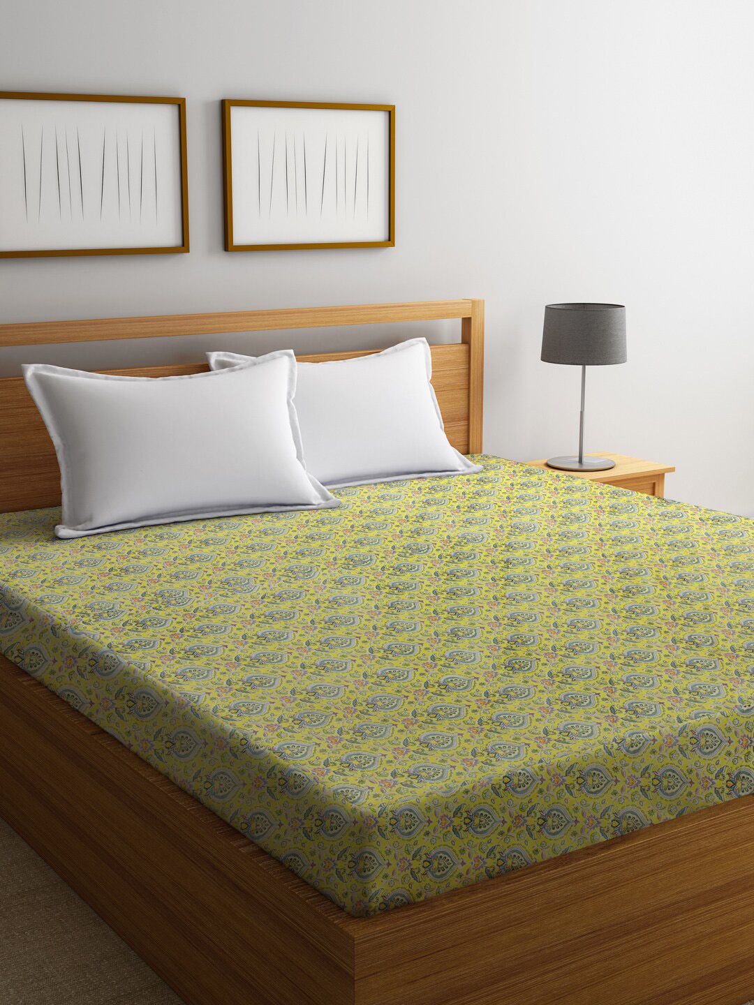 Rajasthan Decor Yellow & Blue Screen Printed Double King Size Cotton Mattress Protector Price in India