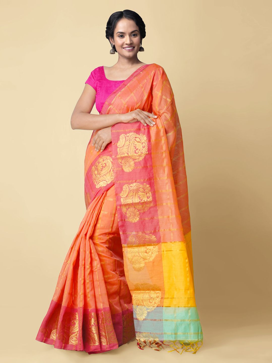 Unnati Silks Orange Silk Cotton Woven Design Banarasi Saree