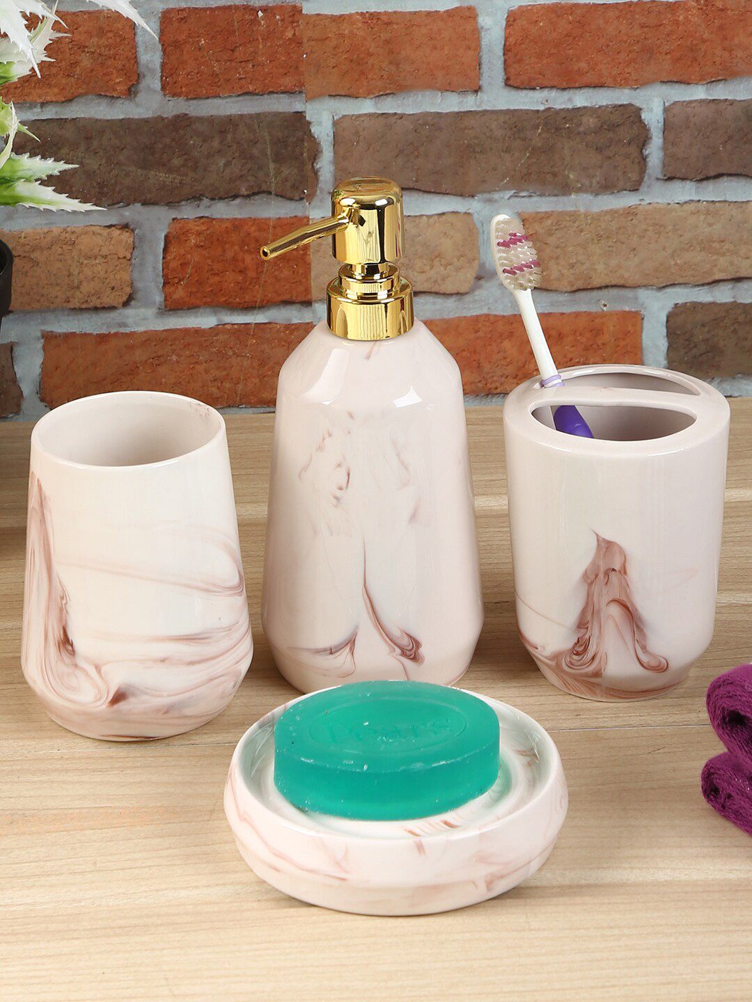 House Of Accessories Set Of 4 Pink & White Solid Ceramic Bathroom Accessories Price in India