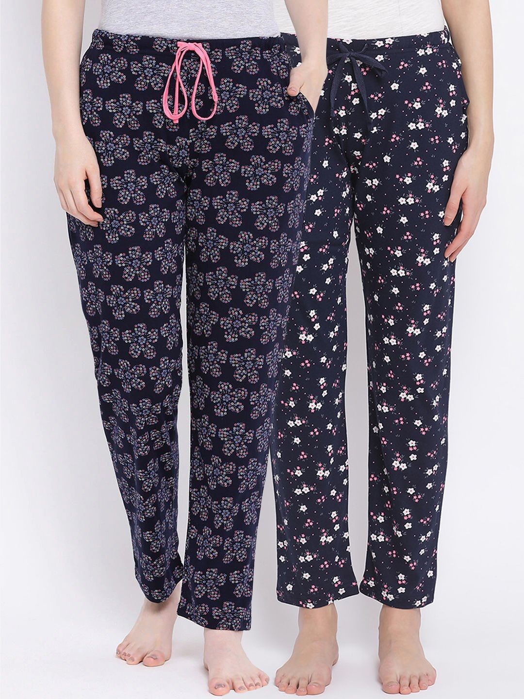 Kanvin Women Pack of 2 Navy Floral Print Pure Cotton Lounge Pants Price in India