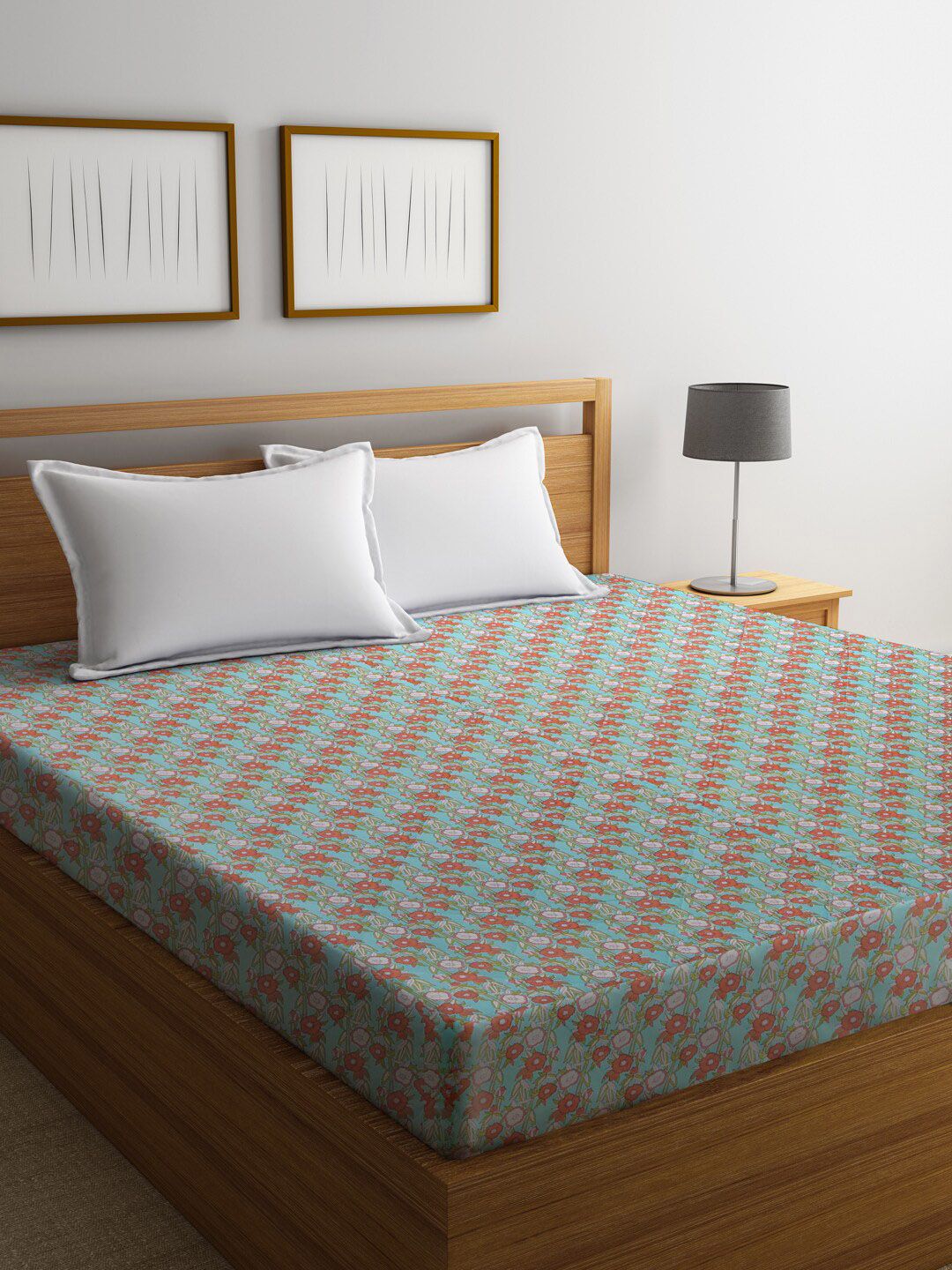 Rajasthan Decor Blue & Red Screen Printed Double King Cotton Mattress Protector Price in India