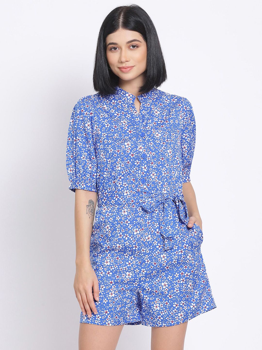 Oxolloxo Women Blue & White Printed Playsuit Price in India