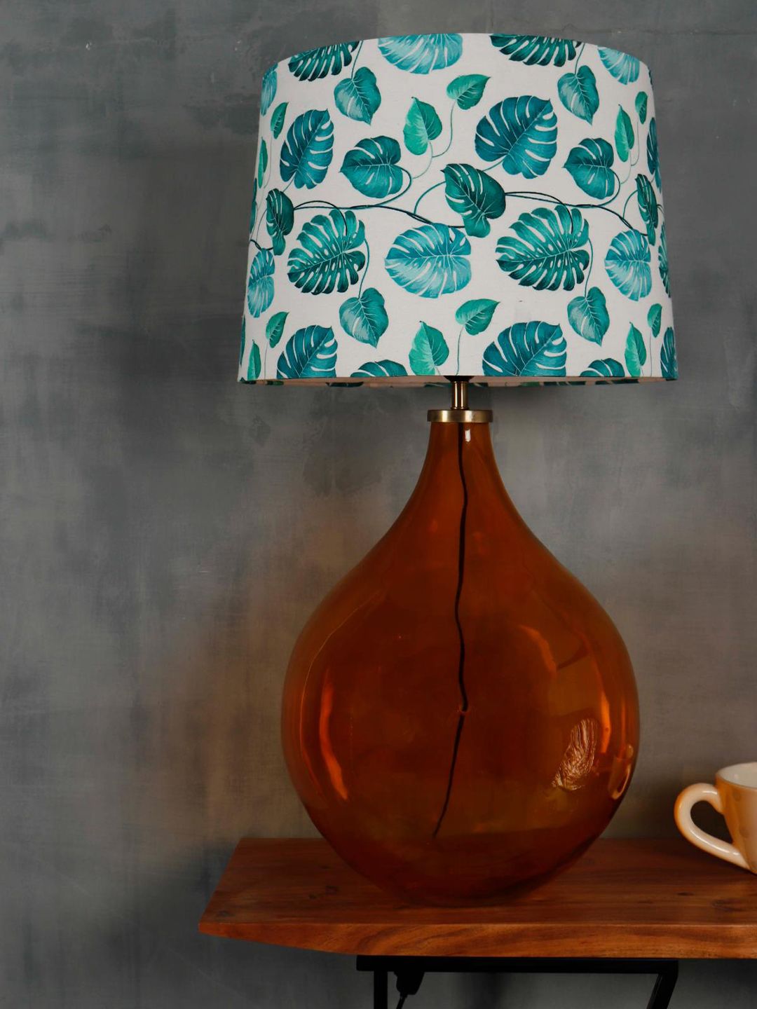 Grated Ginger Green & White Printed Contemporary Bedside Standard Table Lamp with Shade Price in India
