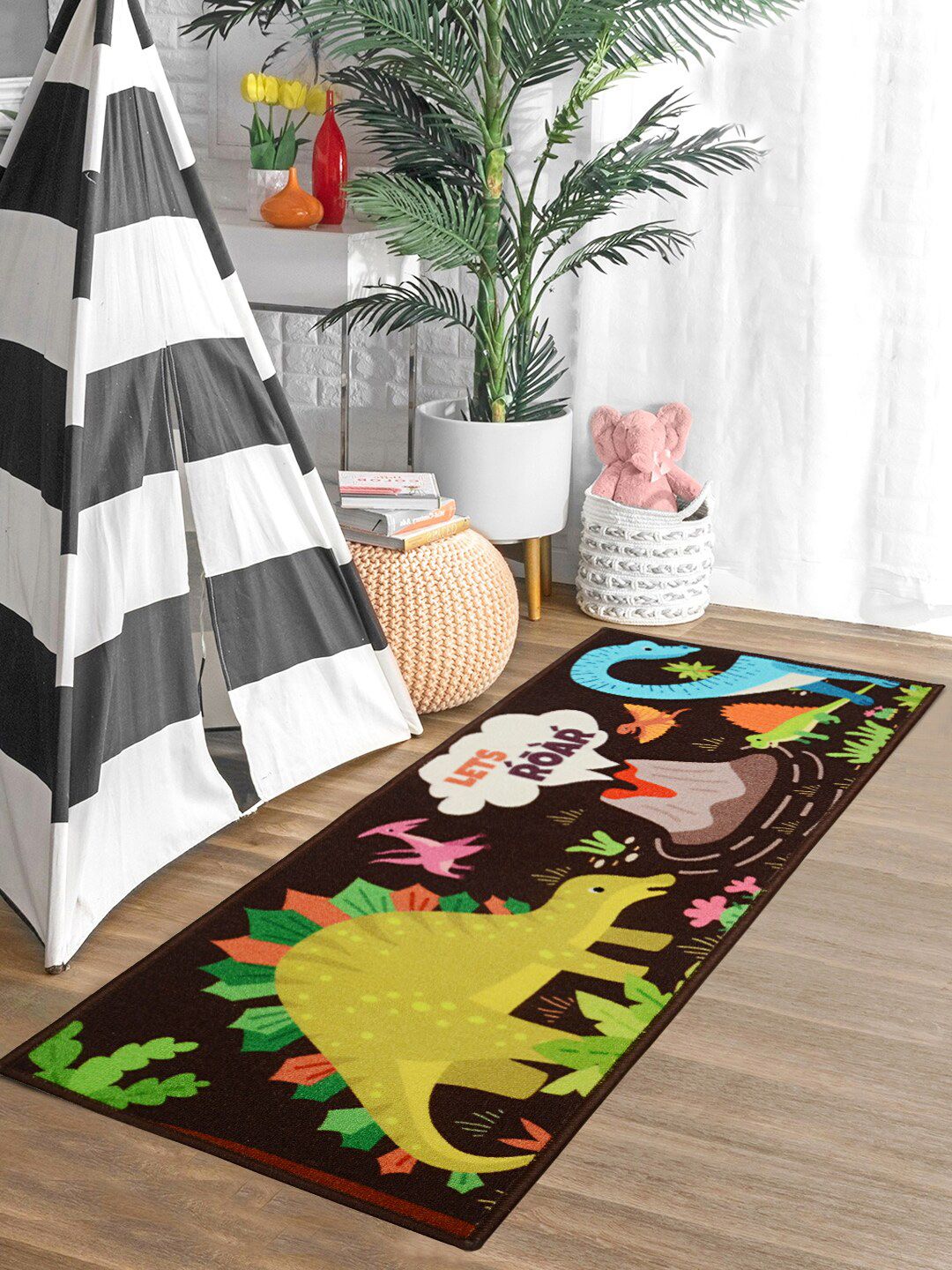 Saral Home Brown & Yellow Dinosaur Printed Anti Skid Floor Runner
