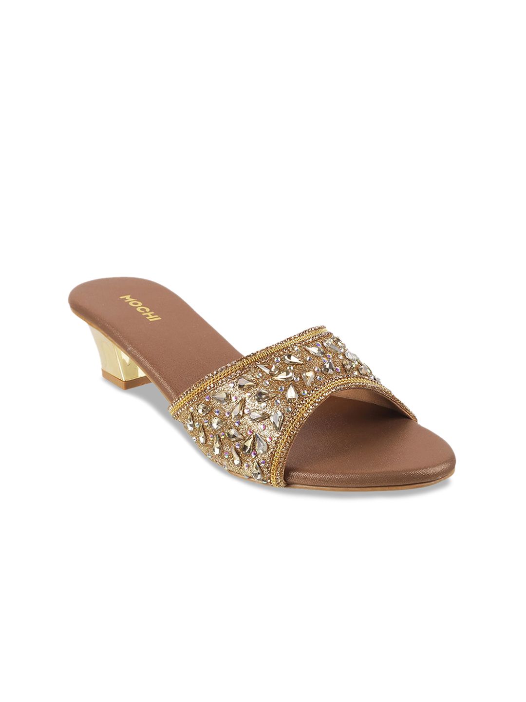 Mochi Women Gold-Toned Woven Design Mules Price in India
