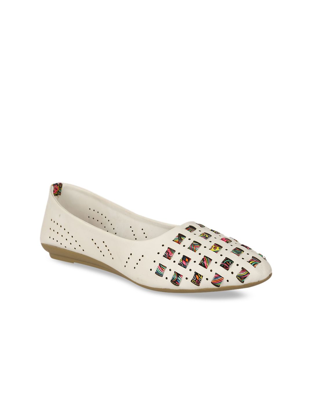 WOMENS BERRY Women White Printed Laser Cut Sustainable Ballerinas Flats Price in India