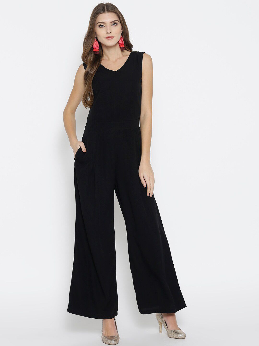Cottinfab Women Black Solid  Jumpsuit Price in India