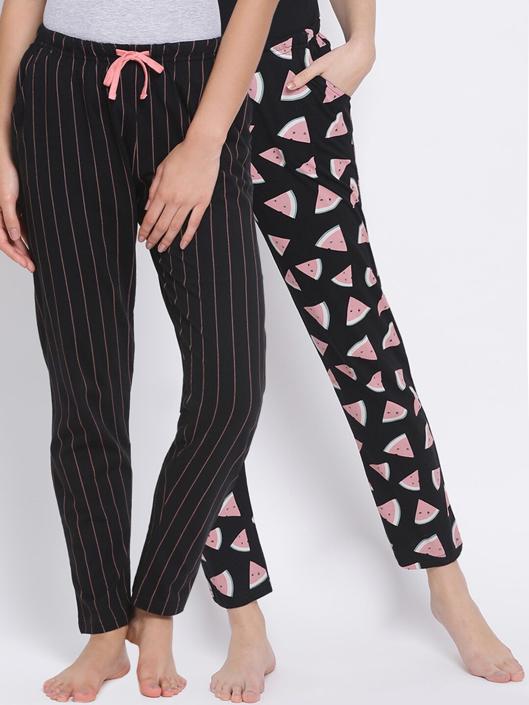 Kanvin Women Pack of 2 Black & Pink Pure Cotton Lounge Pants Price in India