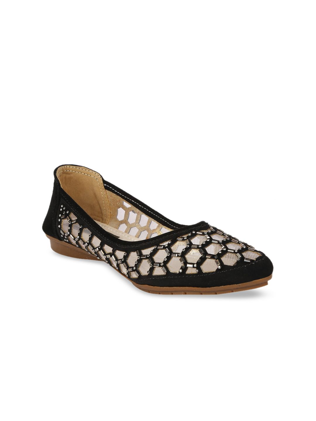 WOMENS BERRY Women Black Printed Embellished Leather Sustainable Ballerinas Flats Price in India