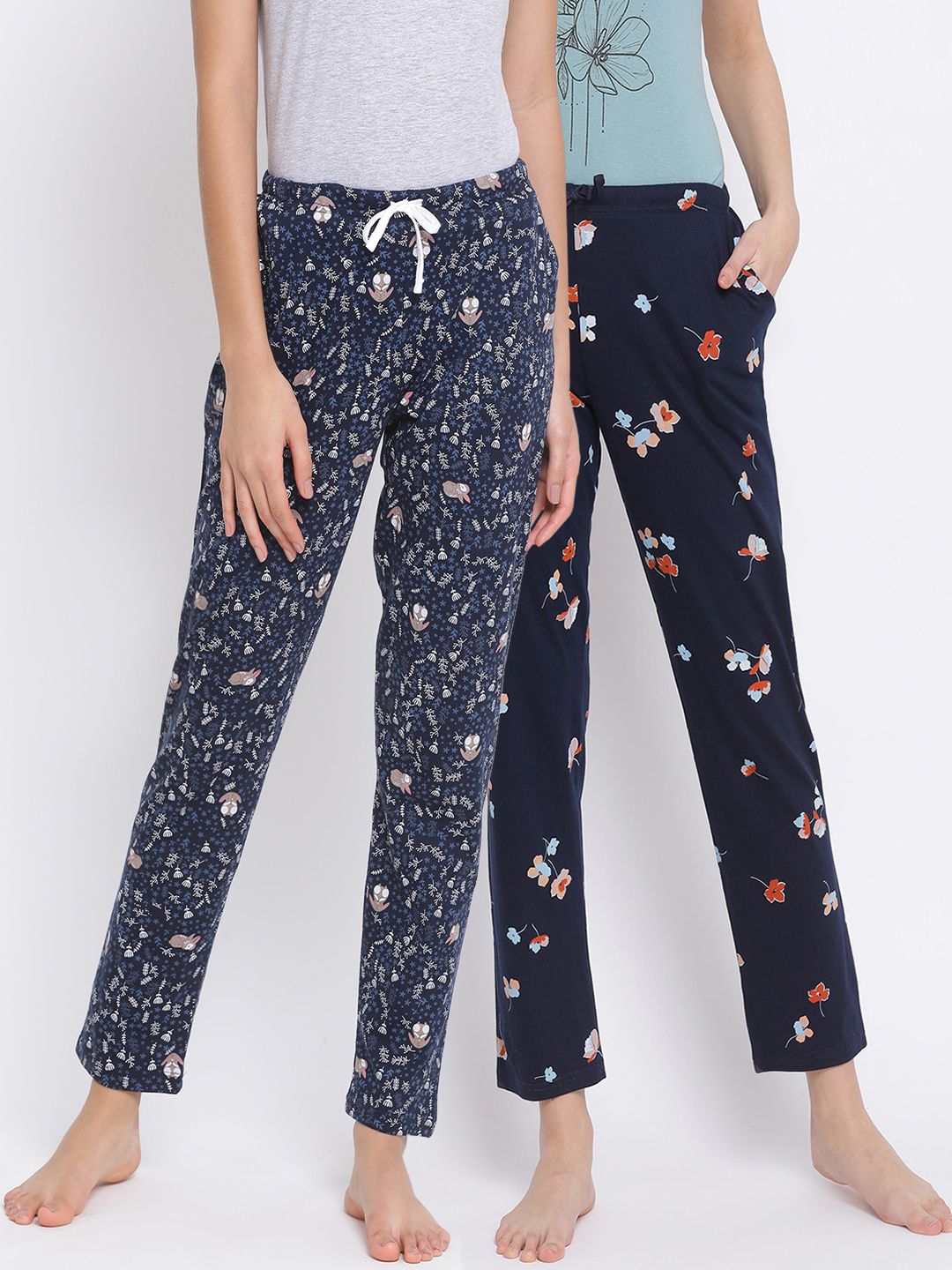 Kanvin Women Pack Of 2 Navy Blue Printed Cotton Lounge Pants Price in India