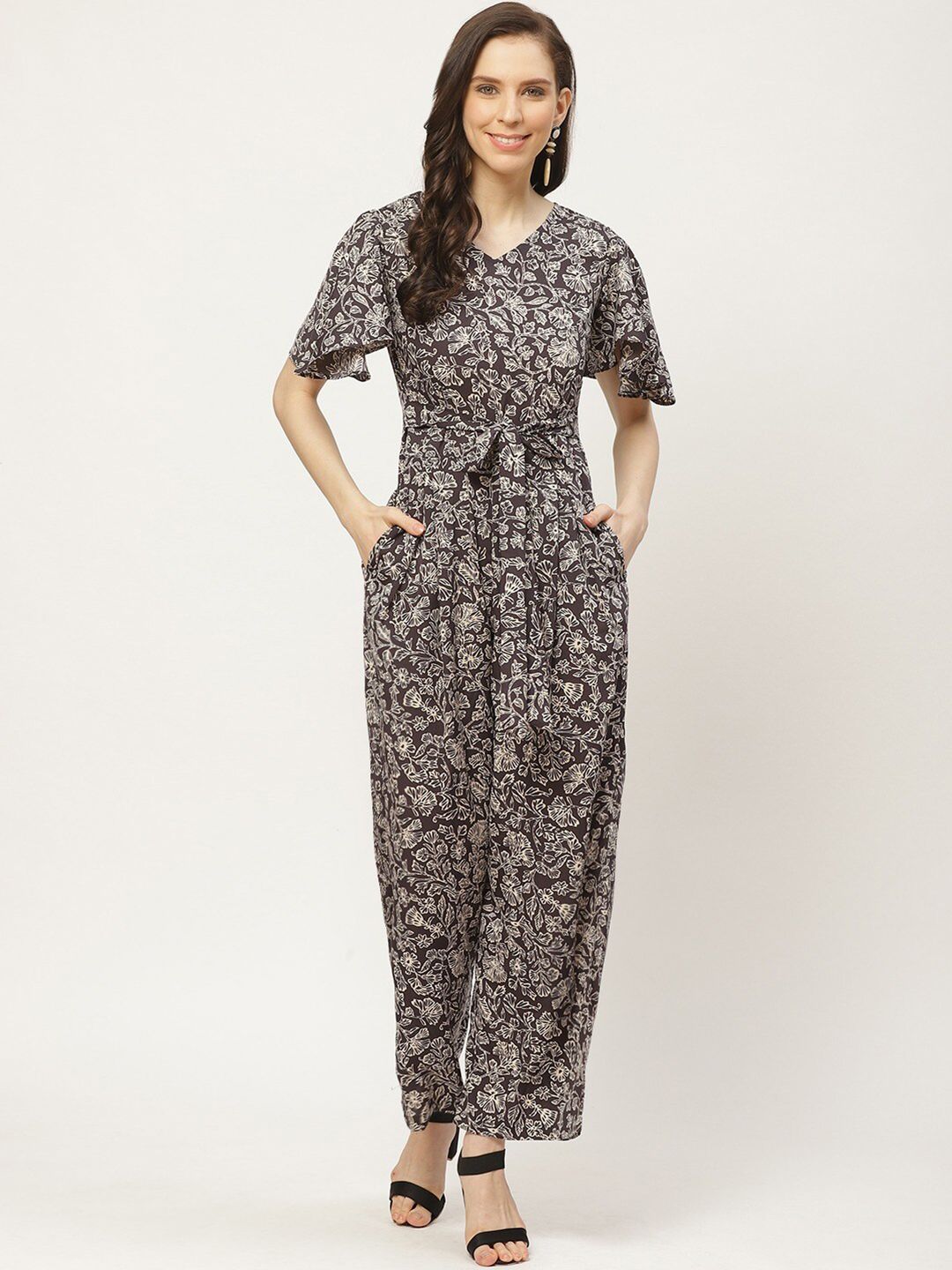 Cottinfab Women Charcoal & Off-White Printed Basic Jumpsuit Price in India