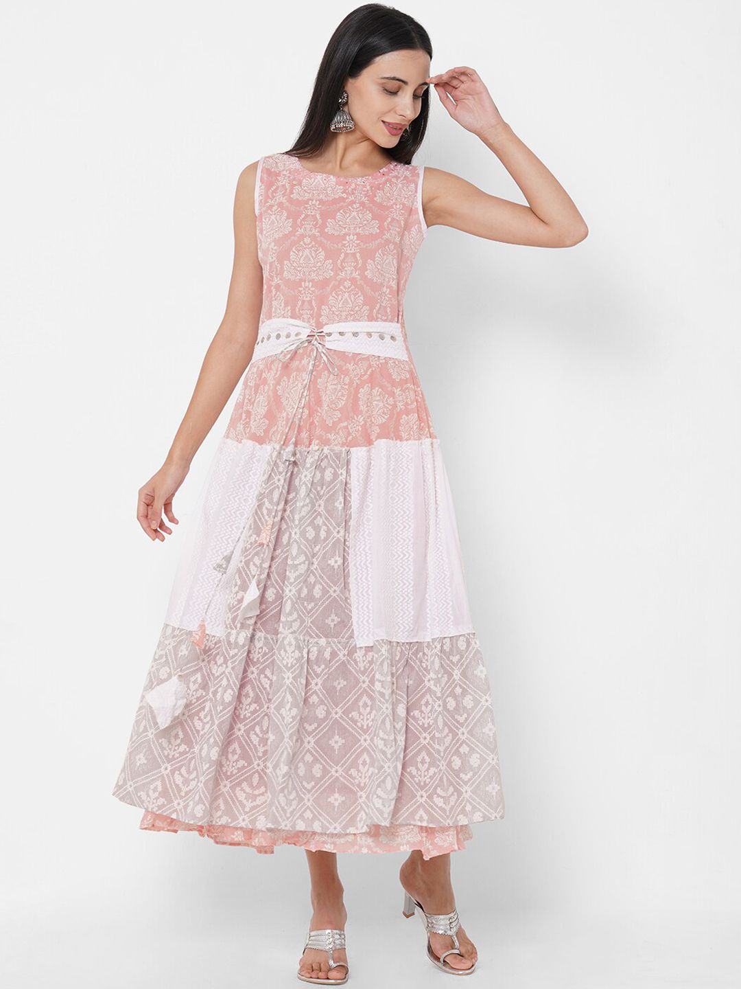 FASHOR Women Peach-Coloured Printed Fit and Flare Dress