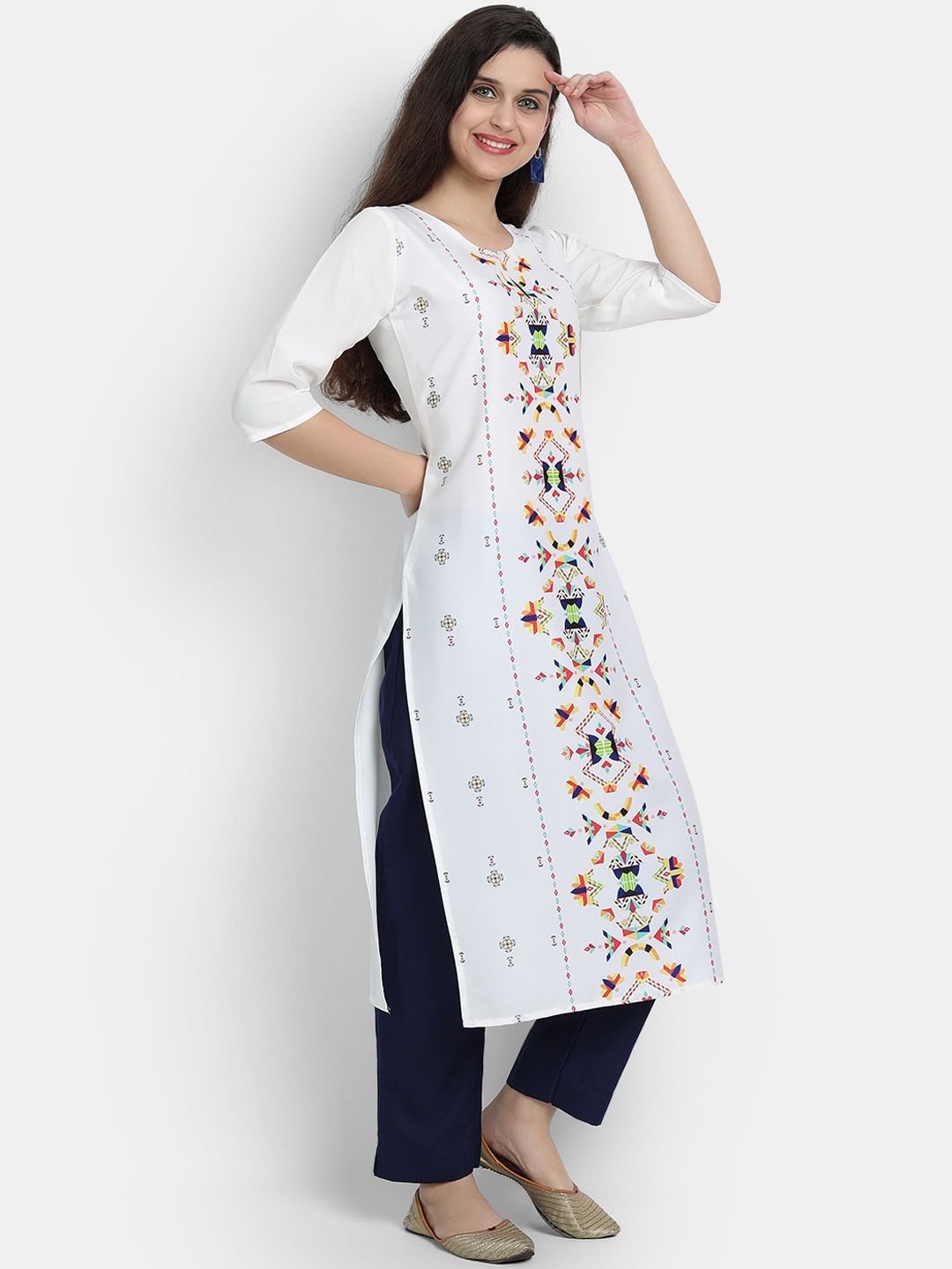 Ethnic basket Women White Ethnic Motifs Printed Crepe Kurta Price in India