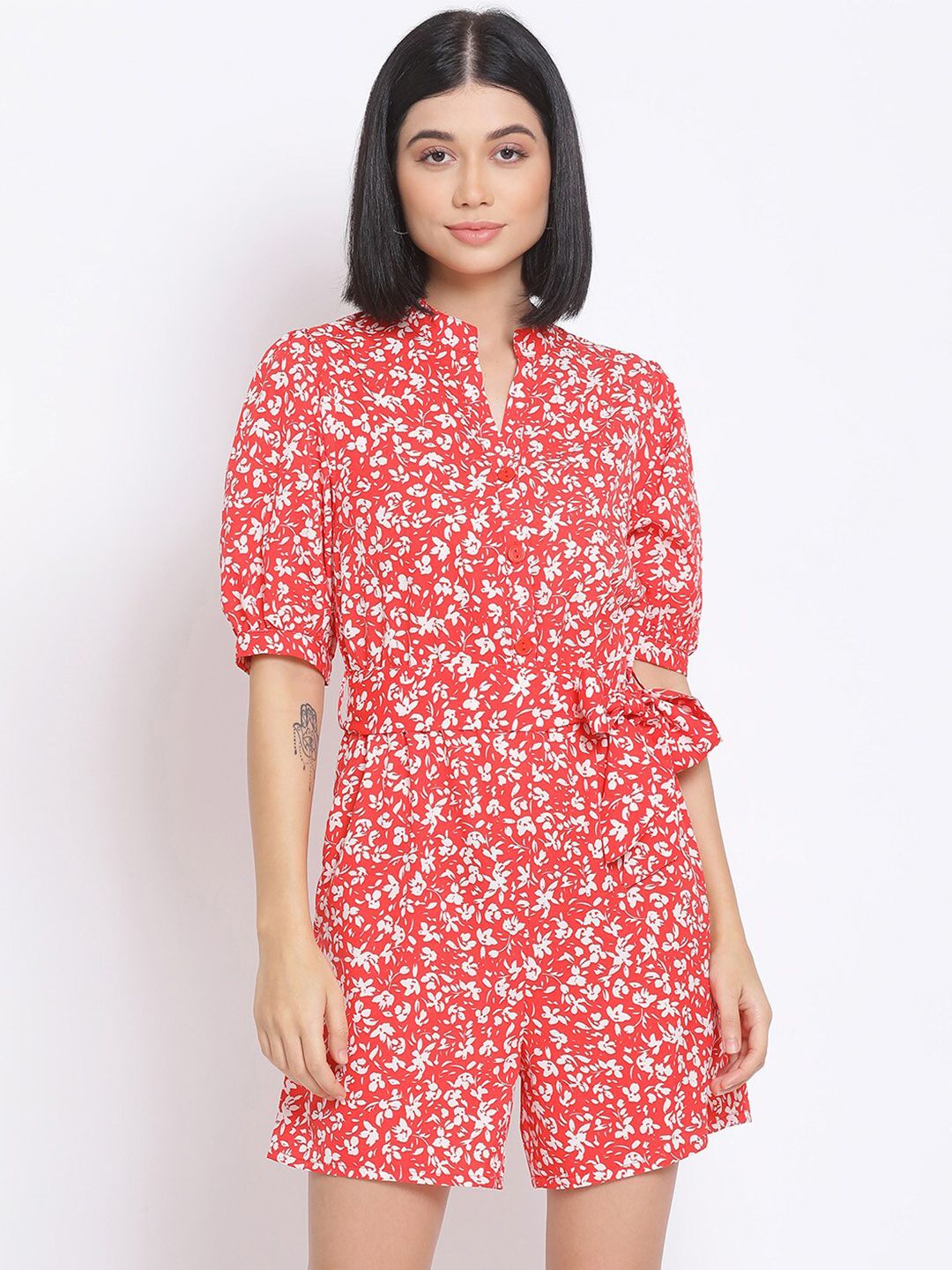 Oxolloxo Women Red & White Printed Playsuit Price in India