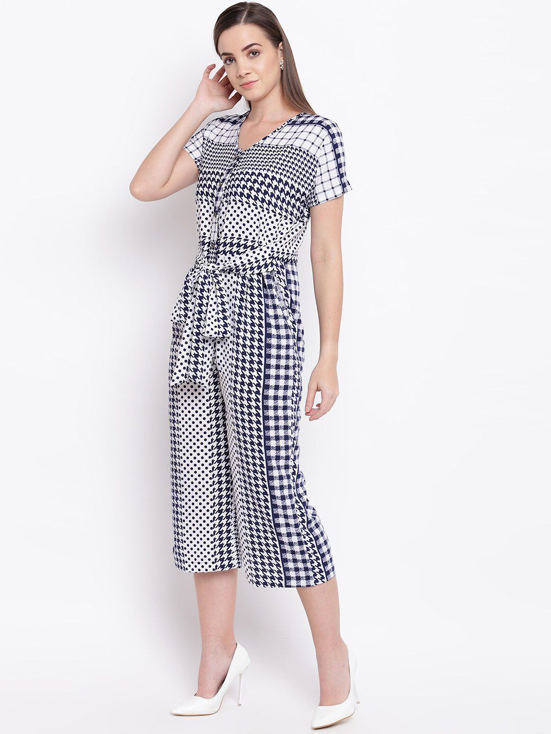 Cottinfab Women Navy Blue & White Printed Culotte Jumpsuit Price in India