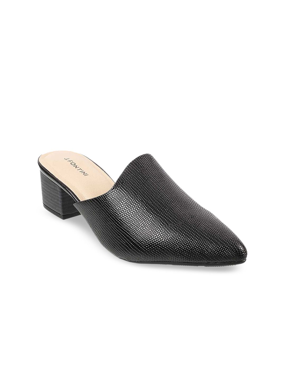 J.FONTINI Women Black Textured Mules Price in India