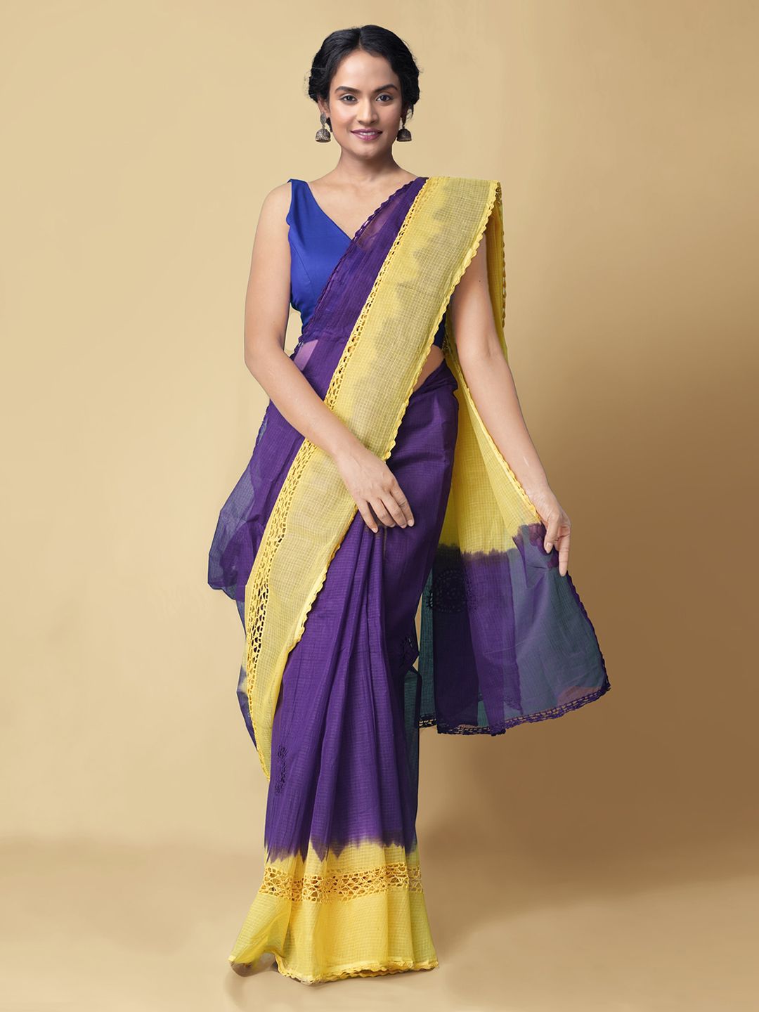 Unnati Silks Violet & Yellow Pure Cotton Embroidered Kota Saree