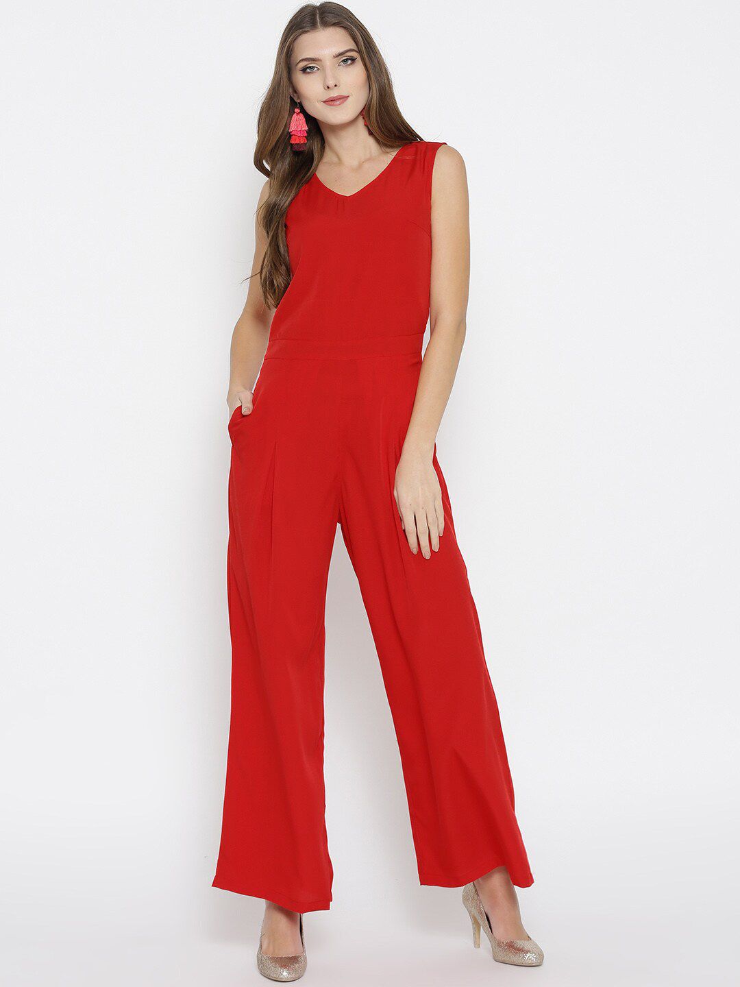 Cottinfab Women Red Solid Basic Jumpsuit Price in India