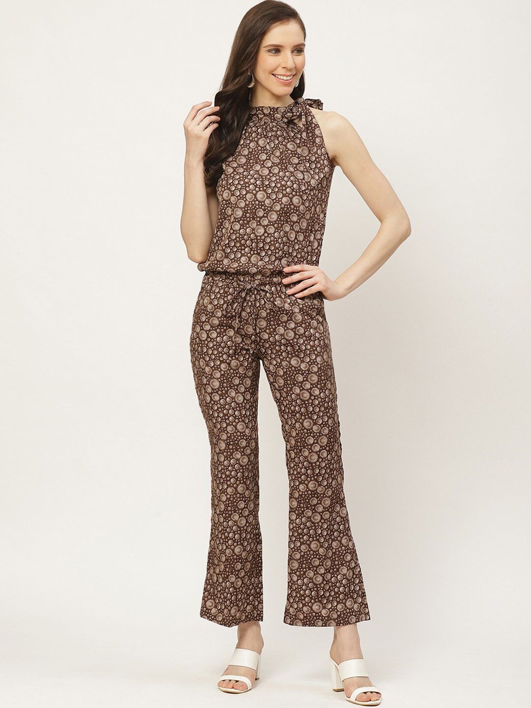 Cottinfab Women Brown & Off-White Printed Jumpsuit Price in India