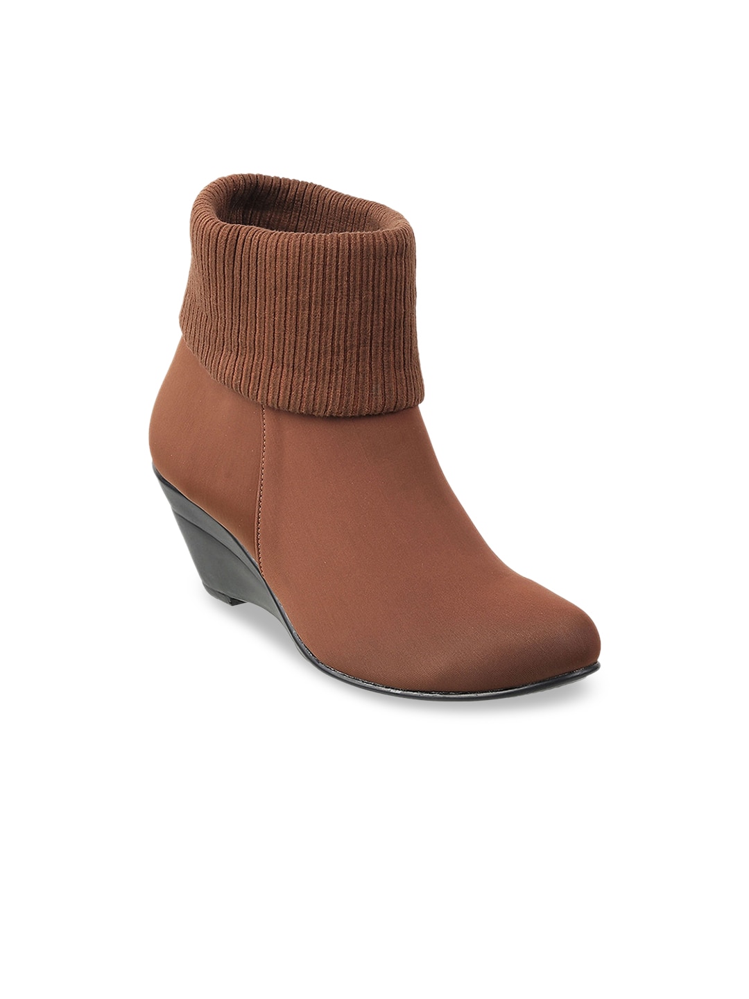 Mochi Women Brown Solid Heeled Boots Price in India