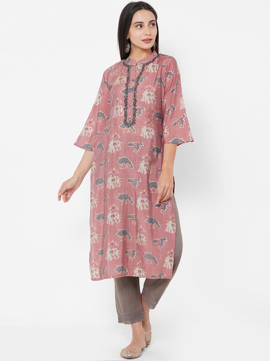 FASHOR Women Pink & Grey Printed Bell Sleeves Thread Work Kurta