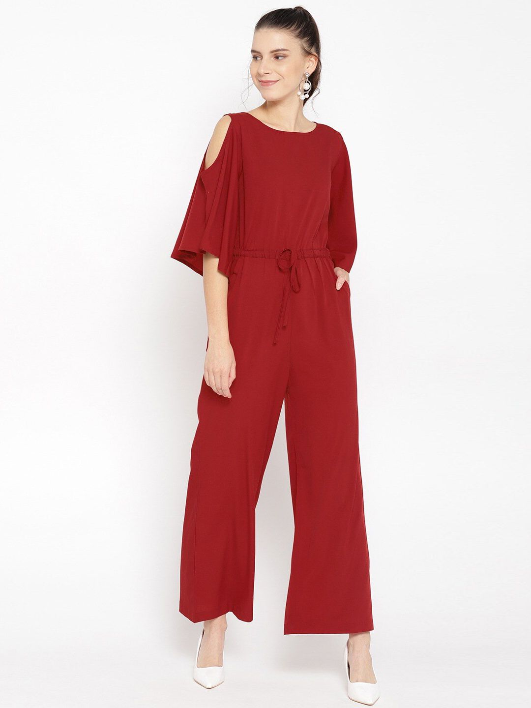 Cottinfab Women Maroon Solid Basic Jumpsuit Price in India