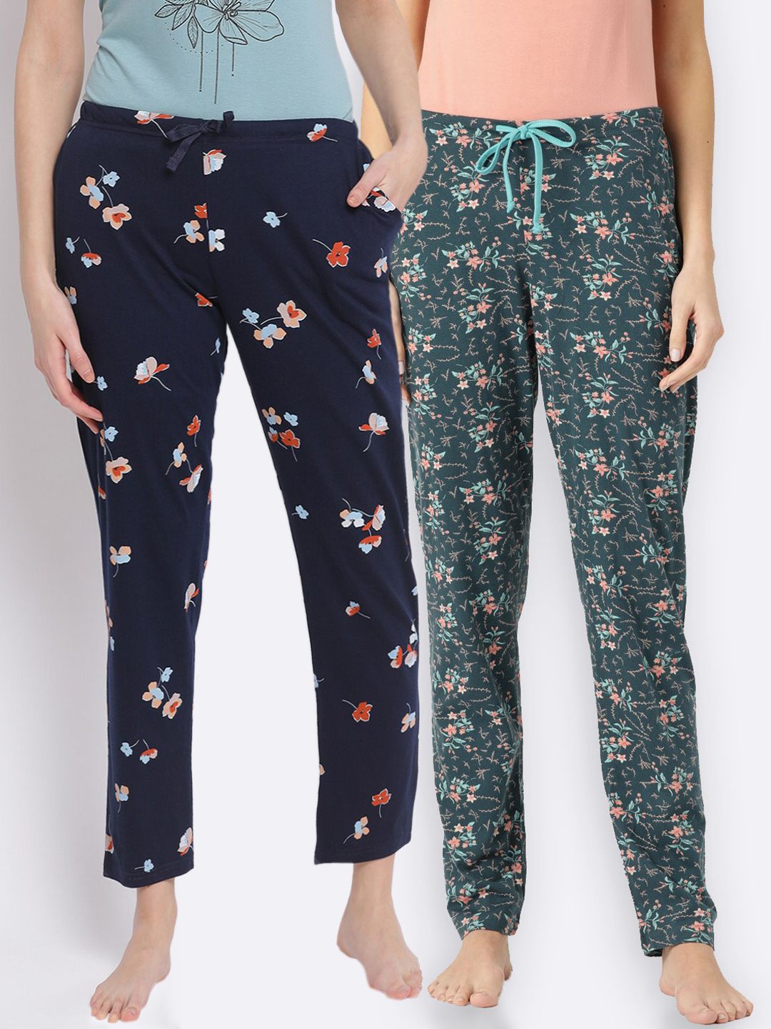 Kanvin Women Pack of 2 Floral Print Pure Cotton Lounge Pants Price in India