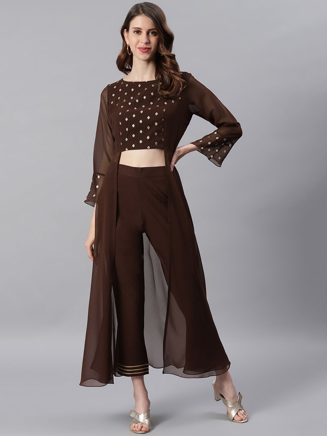 Janasya Women Brown High Slit Floor Length Anarkali Kurta & Trousers Price in India