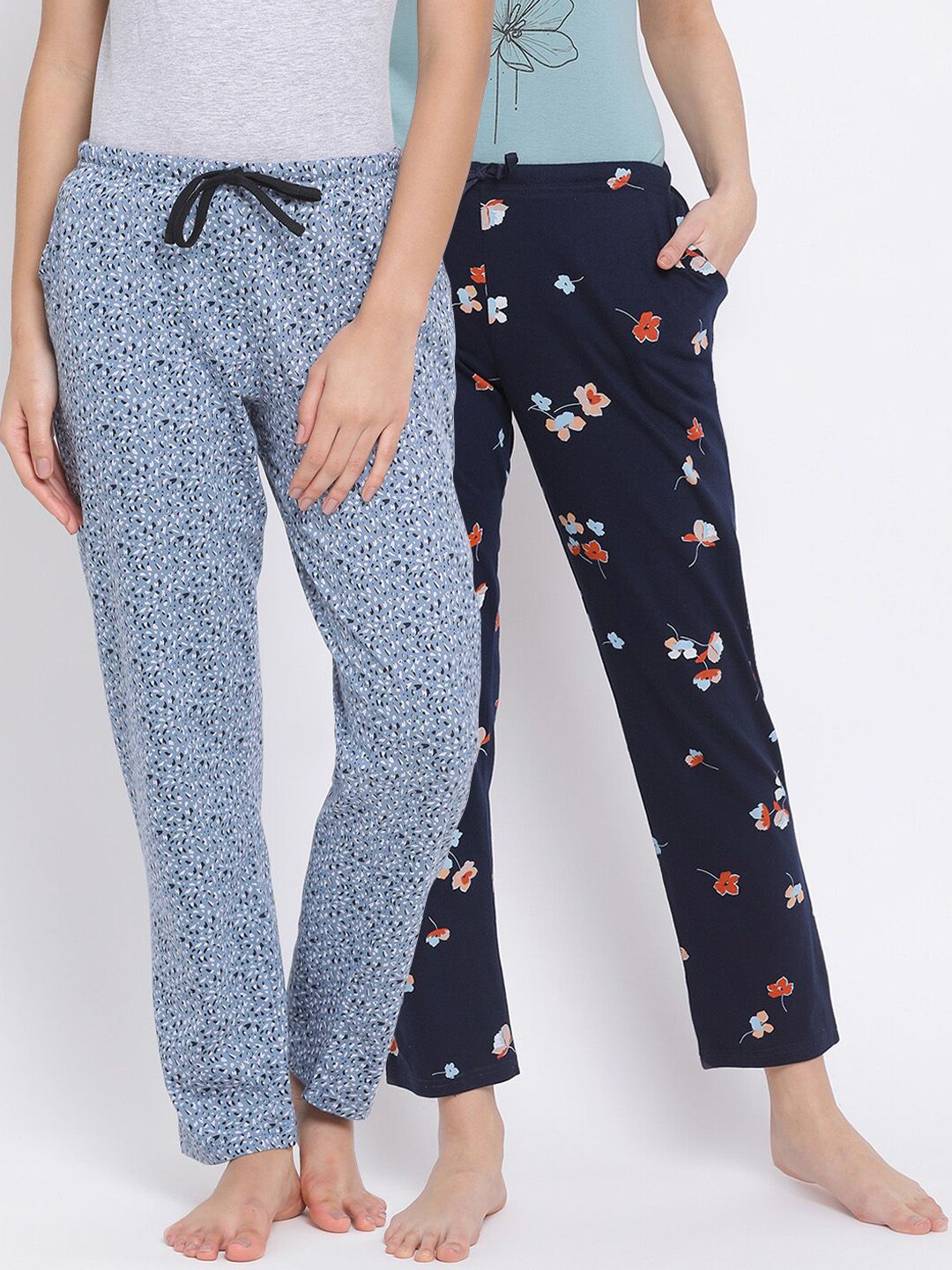 Kanvin Women Pack of 2 Blue Printed Pure Cotton Lounge Pants Price in India