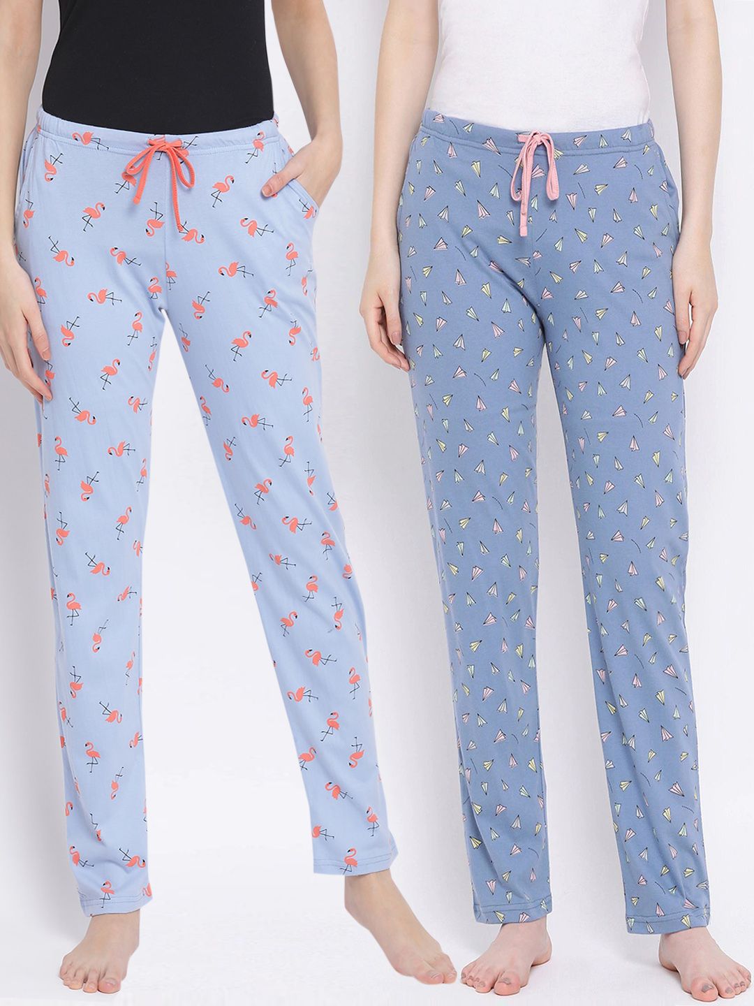 Kanvin Women Pack Of 2 Blue Printed Cotton Lounge Pants Price in India