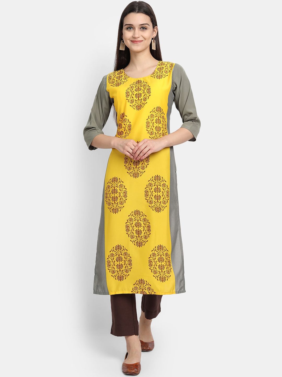 Ethnic basket Women Yellow & Grey Ethnic Motifs Printed Crepe Kurta