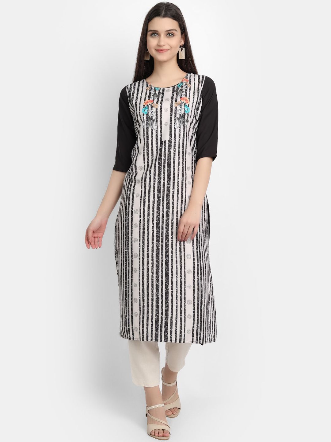 Ethnic basket Women Black & White Striped Crepe Kurta Price in India