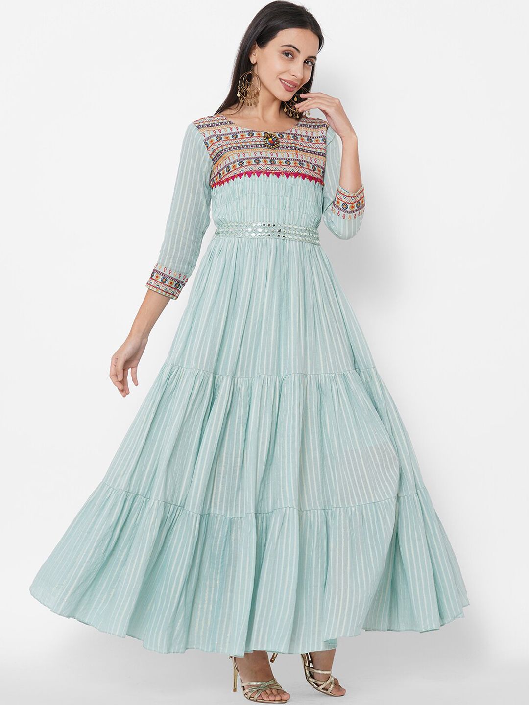 FASHOR Women Sea Green Striped Maxi Dress