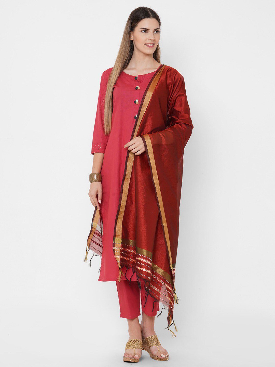 Get Wrapped Polyester Gold Border Maroon Dupatta with Embroidery Price in India