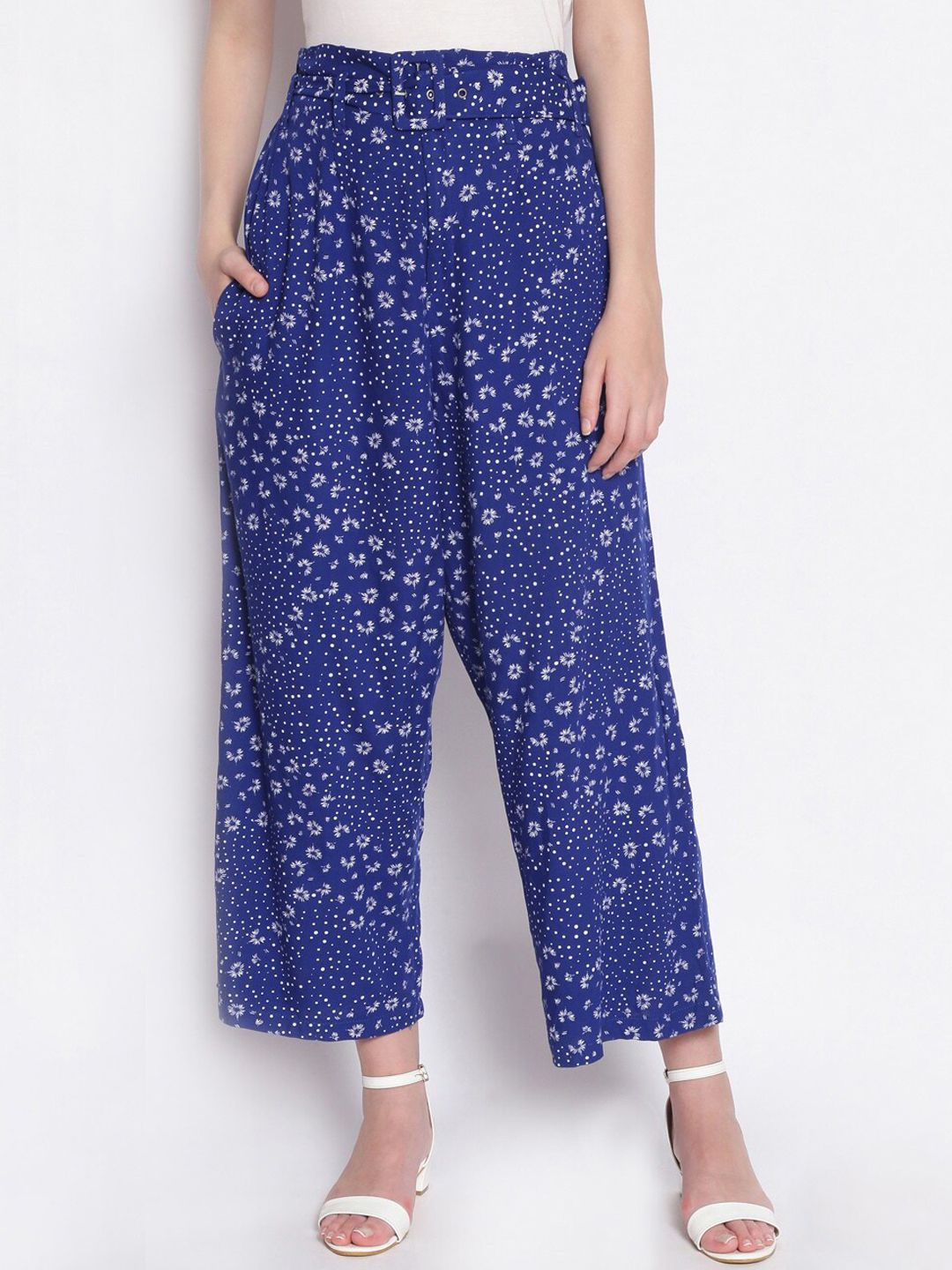 Oxolloxo Women Blue Regular Fit Printed Parallel Trousers Price in India