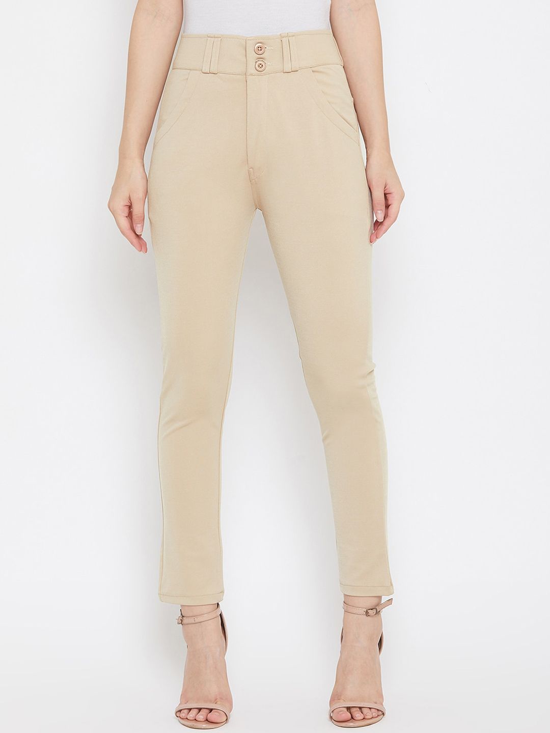 Purple Feather Women Cream-Coloured Slim Fit Solid Regular Trousers