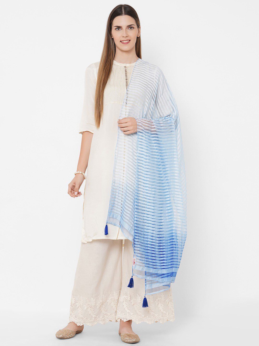 Get Wrapped Textured Shaded Blue Dupatta with Tassels
